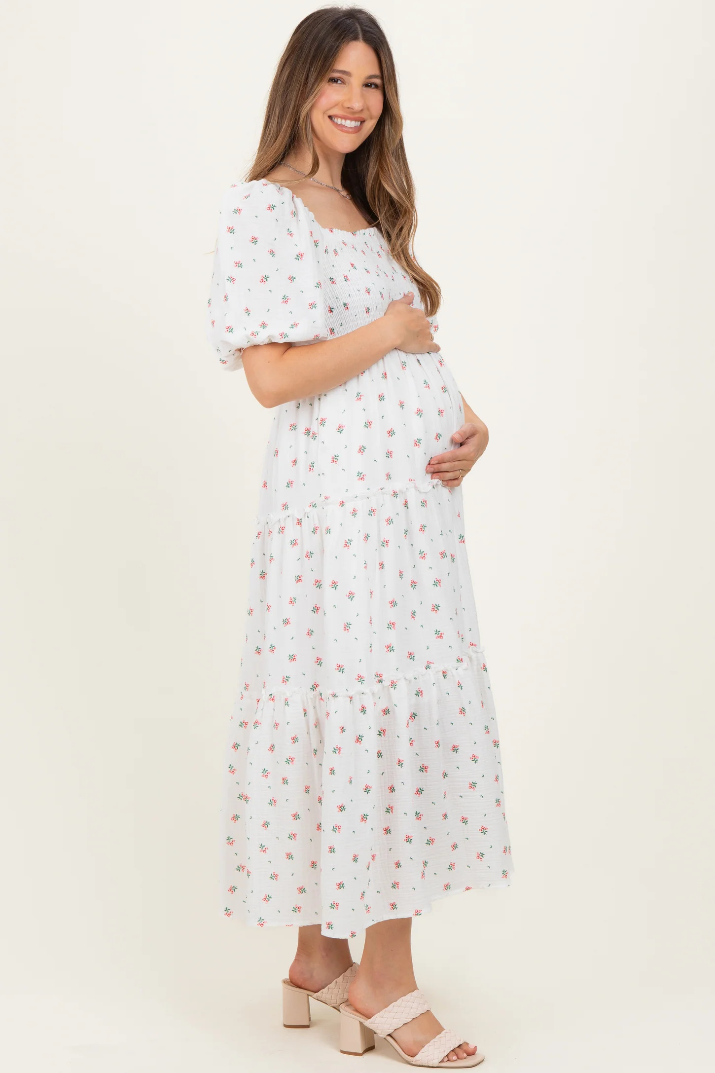 White Floral Puff Sleeve Tiered Maternity Maxi Dress | PinkBlush Maternity