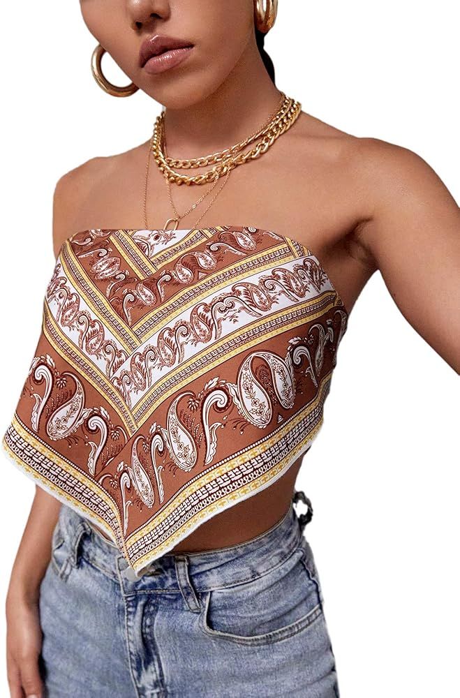 SOLY HUX Women's Tribal Print Spaghetti Strap Tie Back Bandana Cami Crop Top | Amazon (US)