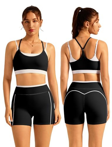 ABOCIW Workout Sets for Women Cute Doubel Layer Racerback Sports Bra Matching High Waist Shorts 2 Piece Gym Set Active Yoga Pialtes Outfits Athletic Work Out Clothes Black X-Small | Amazon (US)