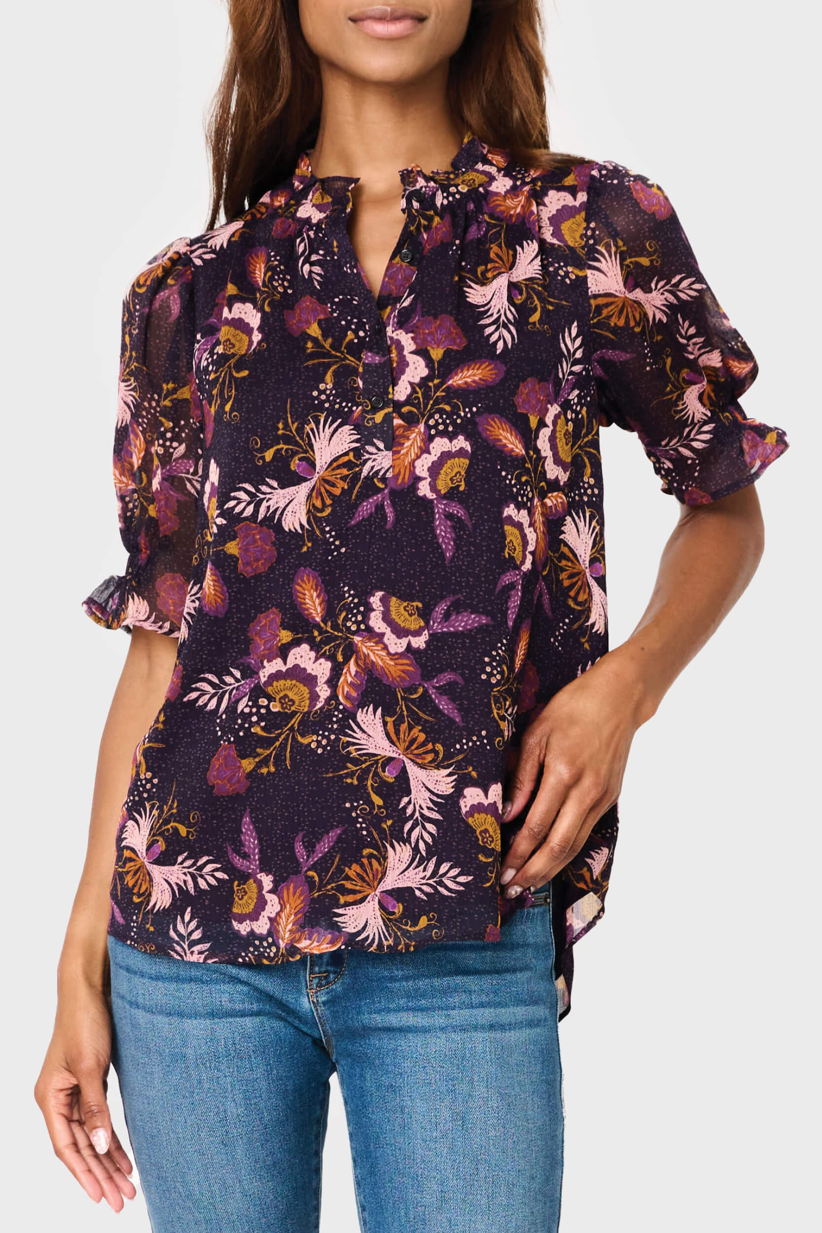 Gibsonlook Dianthus Henley Puff Sleeve Chiffon Blouse | Gibson