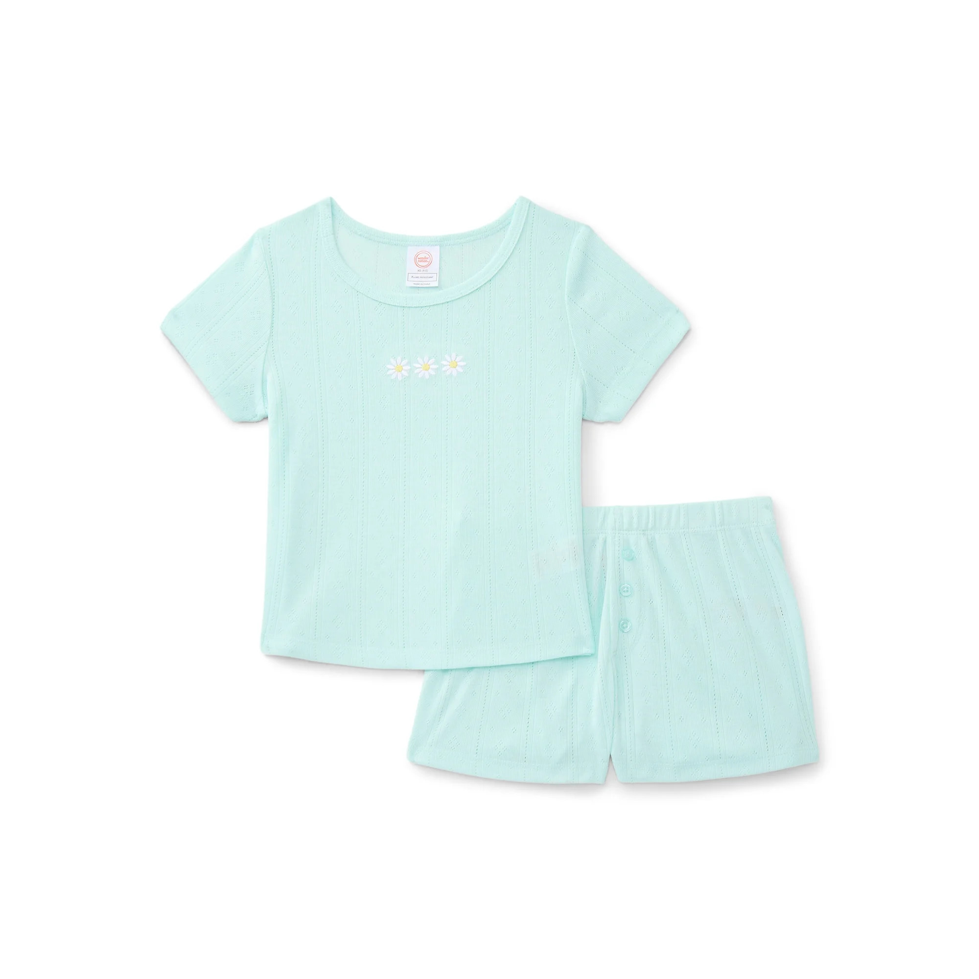 Wonder Nation Girls Pointelle Short Sleeve Top and Shorts Pajama Set, 2-Piece, Sizes 4-18 | Walmart (US)