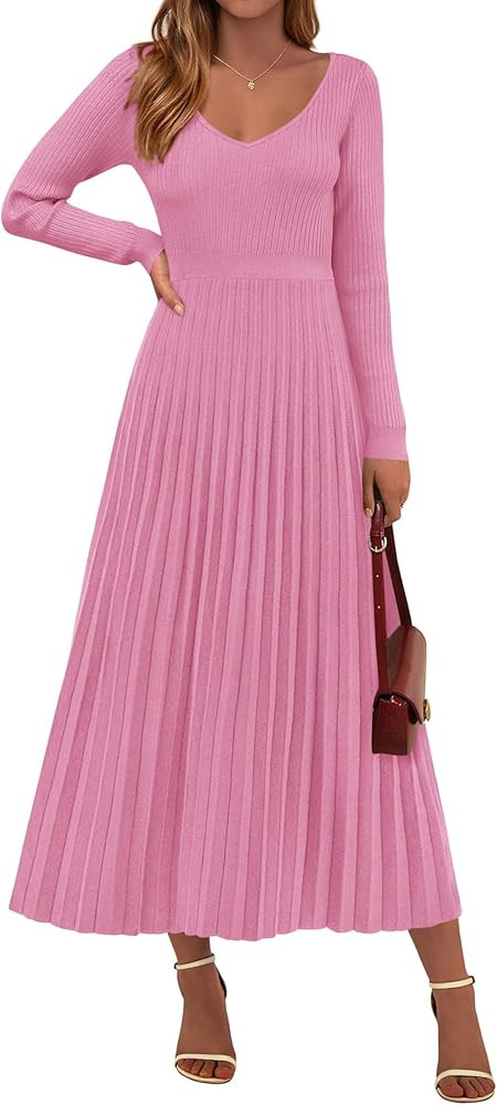 PRETTYGARDEN Women Sweater Dress Fall Fashion 2026 Long Sleeve V Neck Ribbed Knit Pleated A Line ... | Amazon (US)