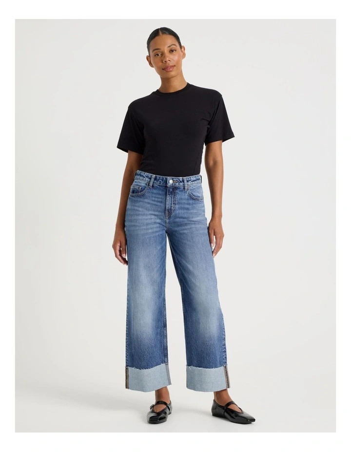 Wide Leg Cuffed Jean in Medium Indigo | Myer