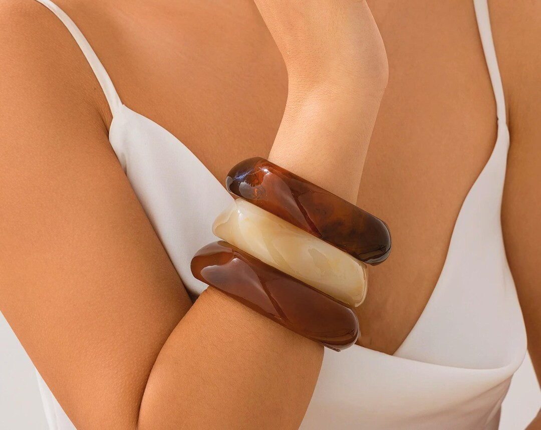 Brown Acrylic Resin Bangles, Cute Resin Bangle Bracelet, Dainty Minimalist Clear Orange Brown Whi... | Etsy (US)