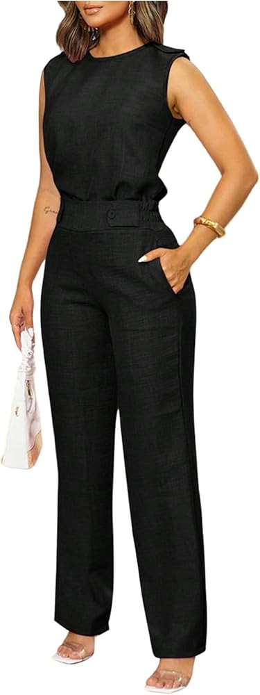 Floerns Women's 2 Piece Outfit Crew Neck Sleeveless Blouse and Dressy Pants Set | Amazon (US)