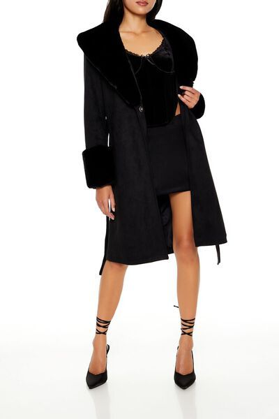 Faux Fur-Trim Faux Suede Trench Coat | Forever 21