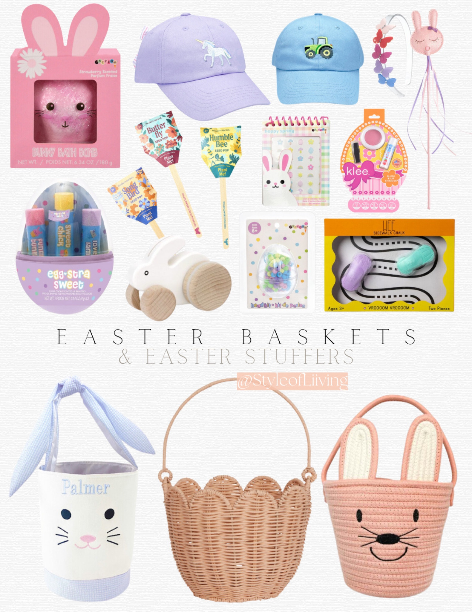 Easter baskets and Easter stuffers for kids! Toys, chalk, baseball caps for toddlers, Easter bunnies and eggs, nail stickers, lip smacker, pastels.

#LTKkids #LTKSeasonal #LTKfamily