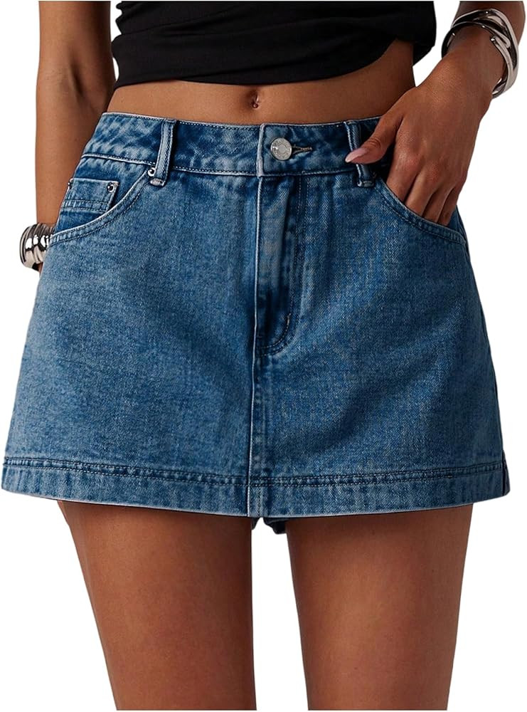 MakeMeChic Women's Denim Skorts Straight Leg Zip Fly Vintage 90s Summer Jean Shorts Streetwear | Amazon (US)