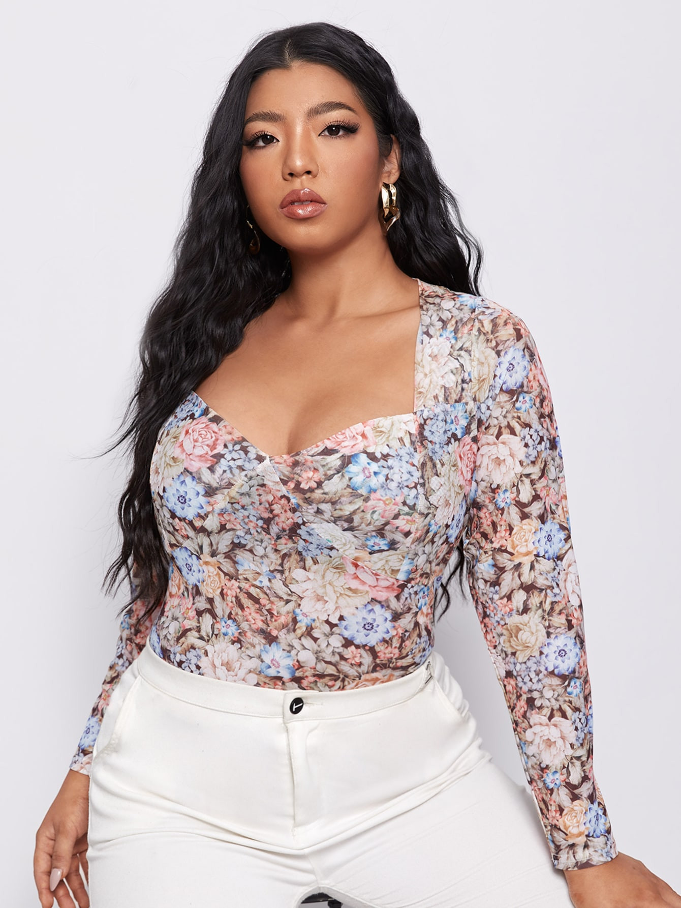 Plus Sweetheart Neck Floral Print Top | SHEIN