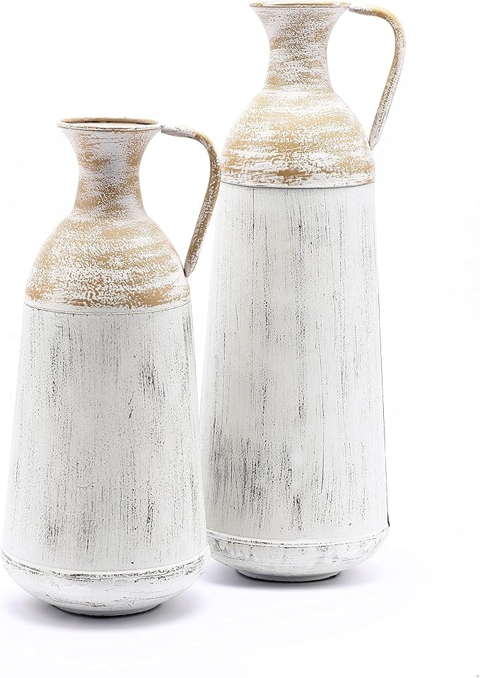 LuxenHome Tall Floor Vase, Tall Vase Decor Set of 2, Distressed Off White and Brown Rustic Floor ... | Amazon (US)