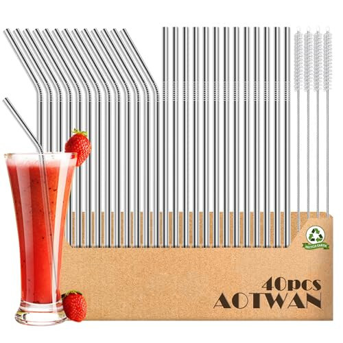 AOTWAN 40-Pack Reusable Stainless Steel Metal Straws, 18 Straight + 18 Bent 8.5'' Metal Straws for 20 oz Tumblers Dishwasher Safe with 4 Cleaning Brushes | Amazon (US)