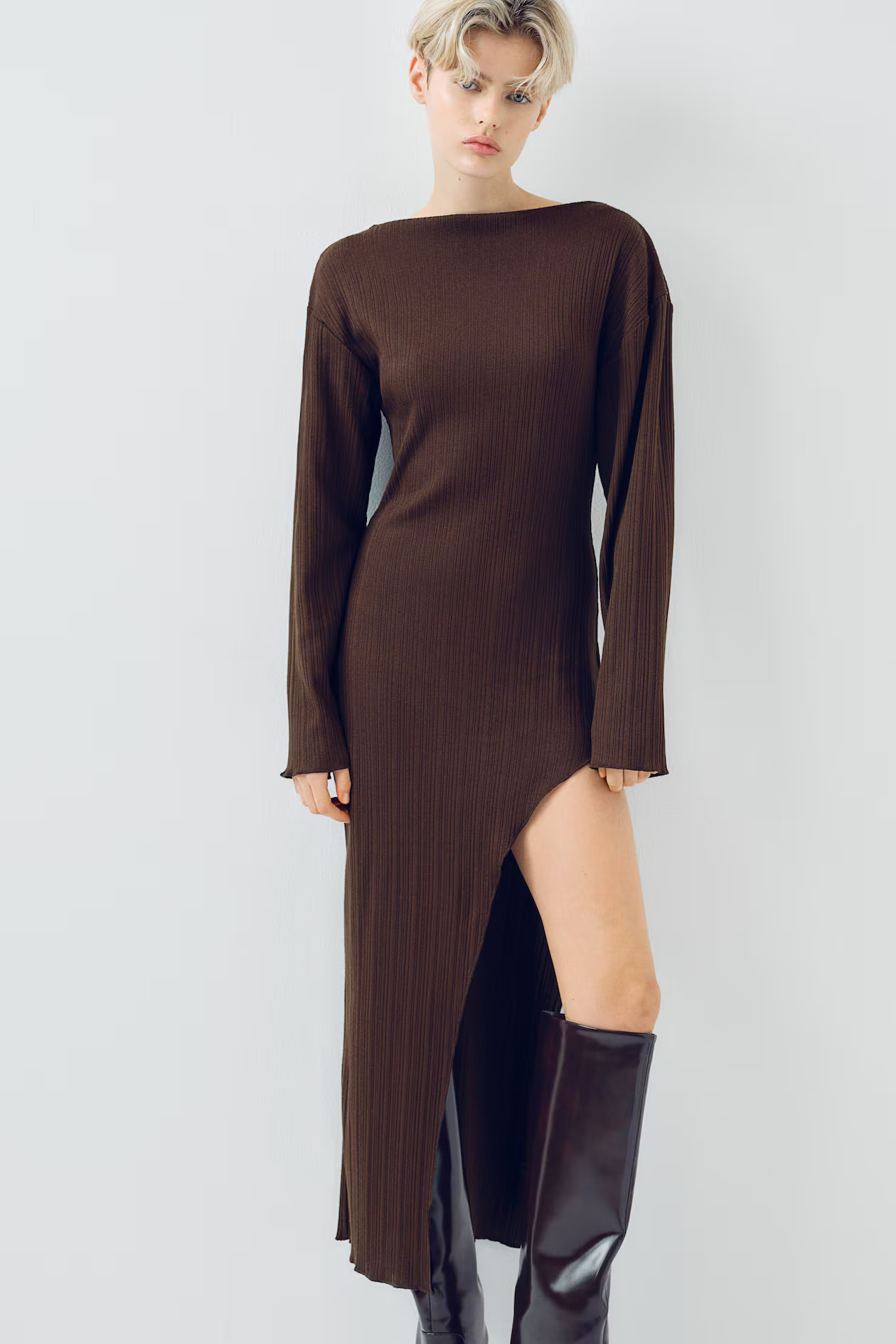 Ribbed asymmetric dress - Dark brown - Ladies | H&M US | H&M (US + CA)