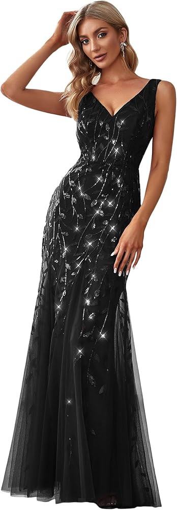 Ever-Pretty Women's Formal Dress Sequin Tulle Double V-Neck Sleeveless Mermaid Long Evening Dress... | Amazon (US)
