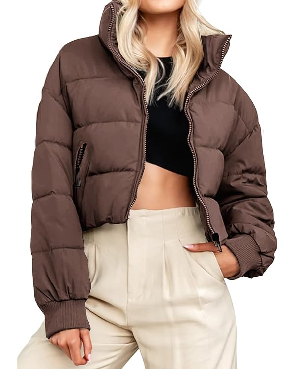 MEROKEETY Women's Winter Cropped Puffer Jacket Long Sleeve Oversized Stand Collar Zip-Up Short Do... | Amazon (US)