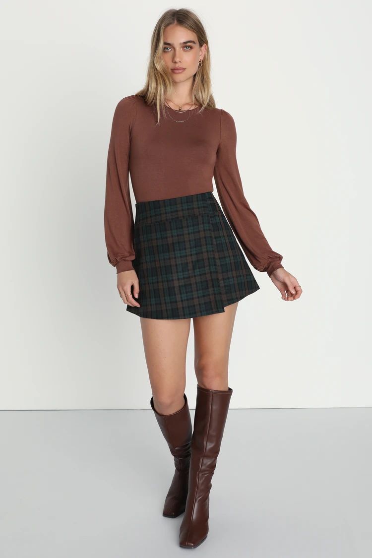 Plaid Habit Dark Green Plaid Faux-Wrap Mini Skirt | Lulus (US)