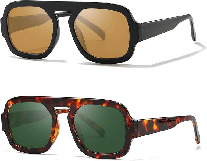 2 Packs Trendy Square Sunglasses for Women Men, Vintage Square Aviator Sunglasses Fashion 70s Fla... | Amazon (US)