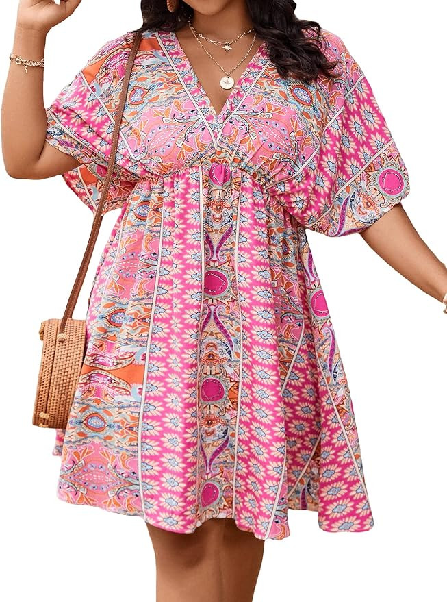 Floerns Women's Plus Size Wrap V Neck Short Sleeve Ruffle Hem A Line Short Dress | Amazon (US)