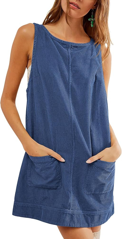Hooever Women's Corduroy Overall Dress Round Neck A Line Skirtall Jumper Mini Dress Pinafore with... | Amazon (US)