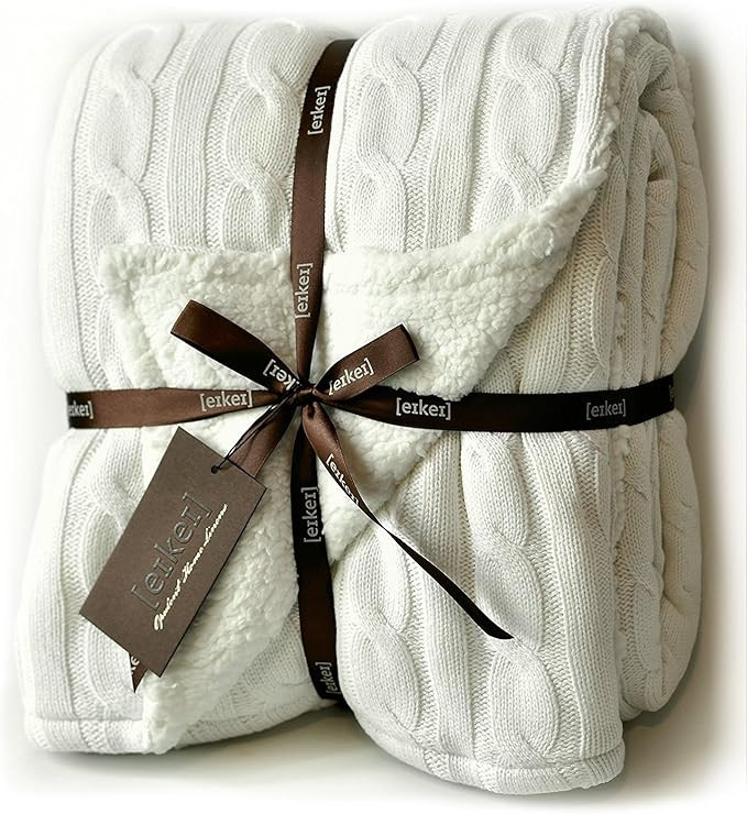 Cable Knit Sherpa Oversized Throw Reversible Blanket Faux Sheepskin Lined Cozy Cotton Blend Sweat... | Amazon (US)