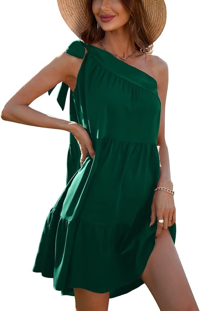 chouyatou Women's Summer One Shoulder Tie Knot Sleeveless Tiered Ruffle A Line Party Mini Dress | Amazon (US)