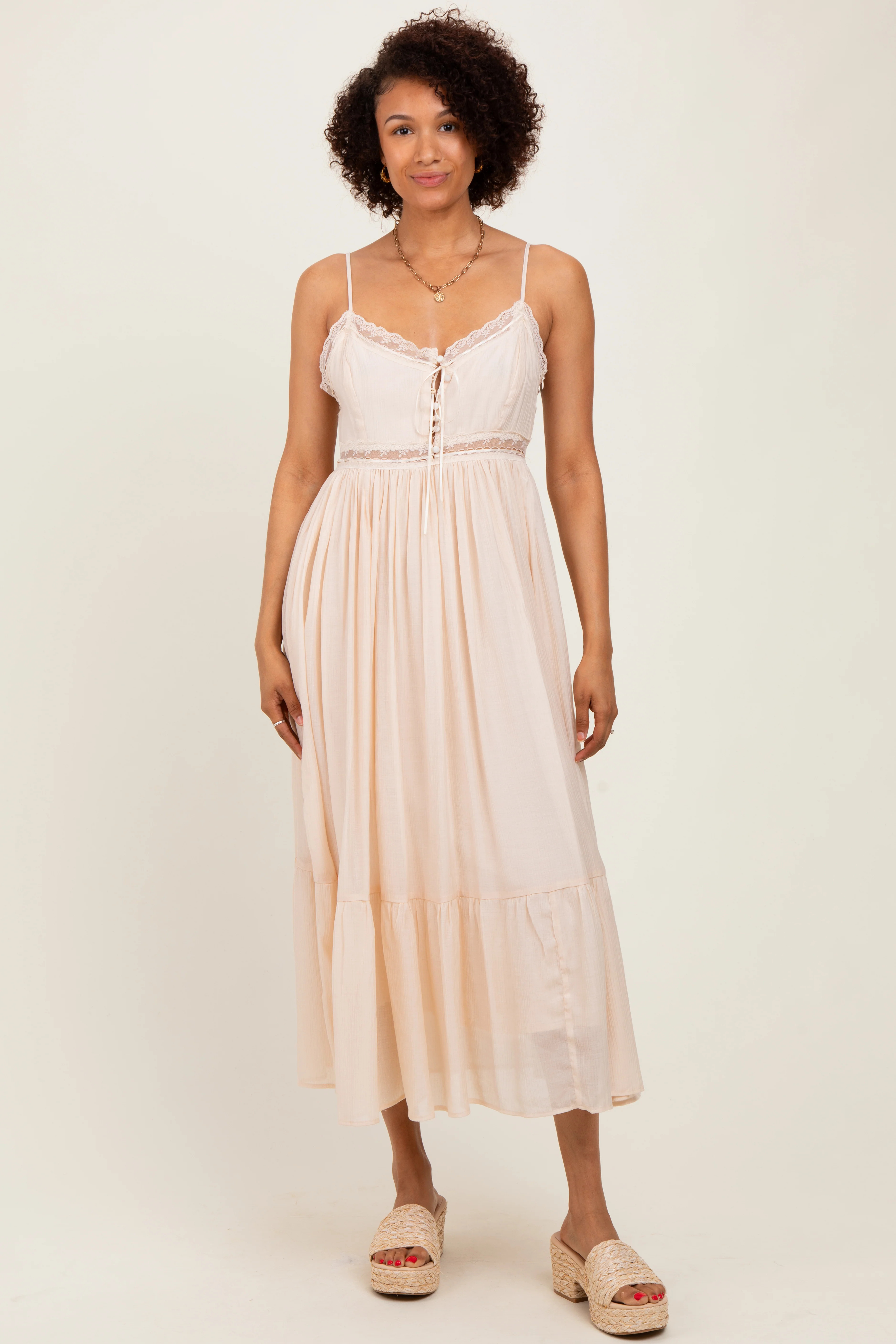 Cream Lace Detail Button Front Sleeveless Midi Dress | PinkBlush Maternity
