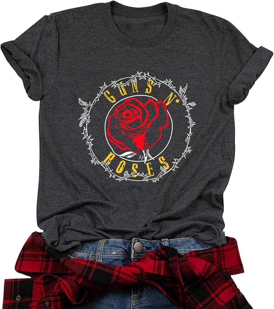 Women Roses Graphic Print Shirt Top Vintage Rock Music Tee Shirt Funny Letter Print Short Sleeve ... | Amazon (US)