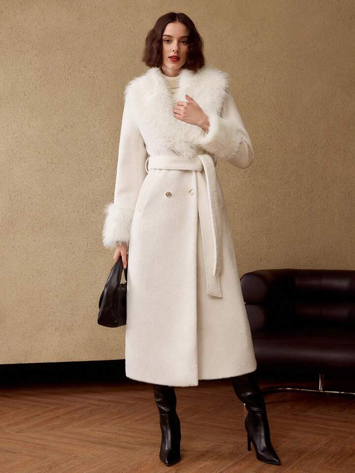 MOTF PREMIUM WOOL SOLID CONTRAST FUZZY WATERFALL COLLAR BELTED LONGLINE OVERCOAT | SHEIN