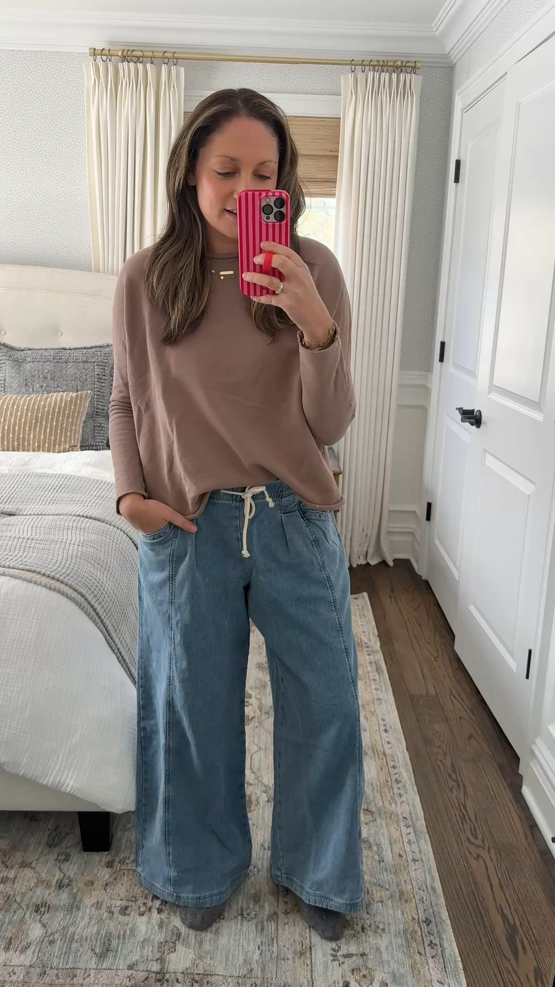 The cutest wide leg pull-on jeans from @Aerie!! Still on sale and the come in all sizes and lengths. Paired with an easy top, cozy earth socks and my everyday jewelry stack! 

#LTKHome #LTKootd #LTKSaleAlert