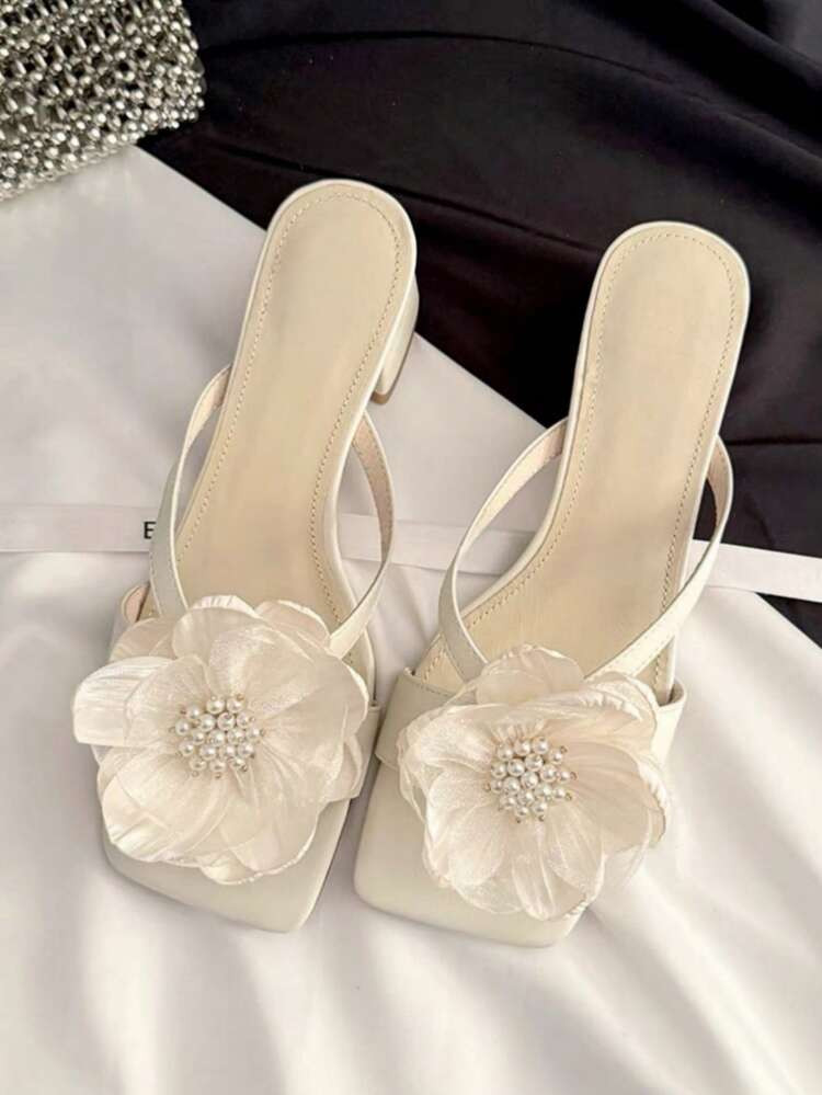 French Thick Heel Pearl Flower Decor Toe Ring Slide Sandals, Slide-On Mules, Open Toe Casual Mid Heels, 2025 New Spring/Summer,Flip Flops | SHEIN