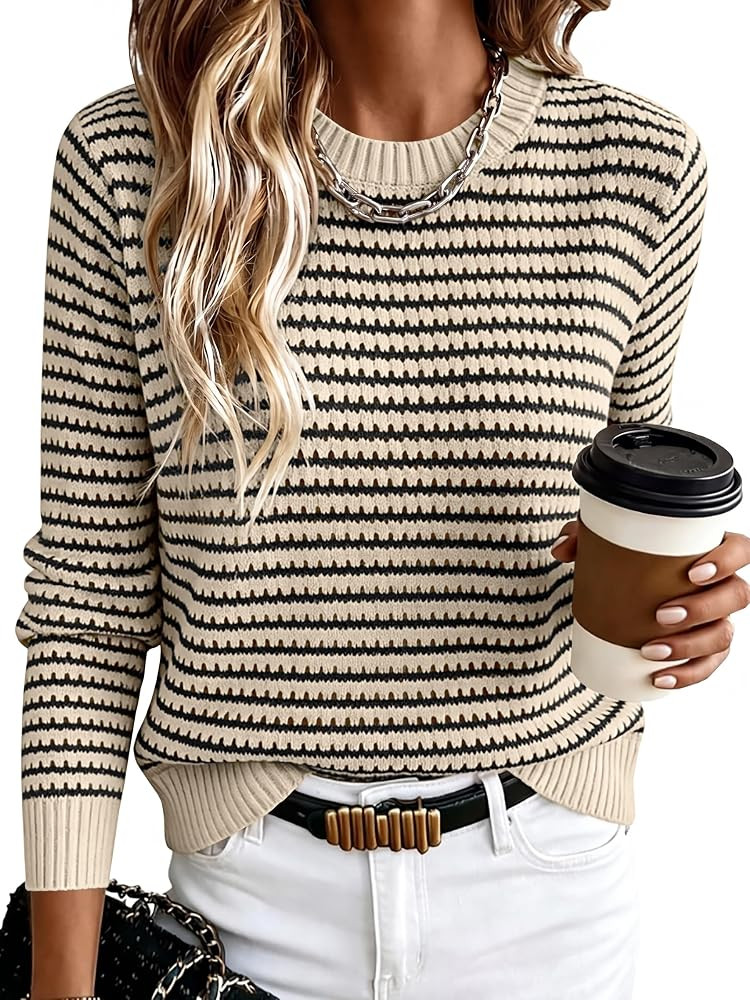 ANRABESS Women Long Sleeve Striped Crochet Sweater Top | Amazon (US)