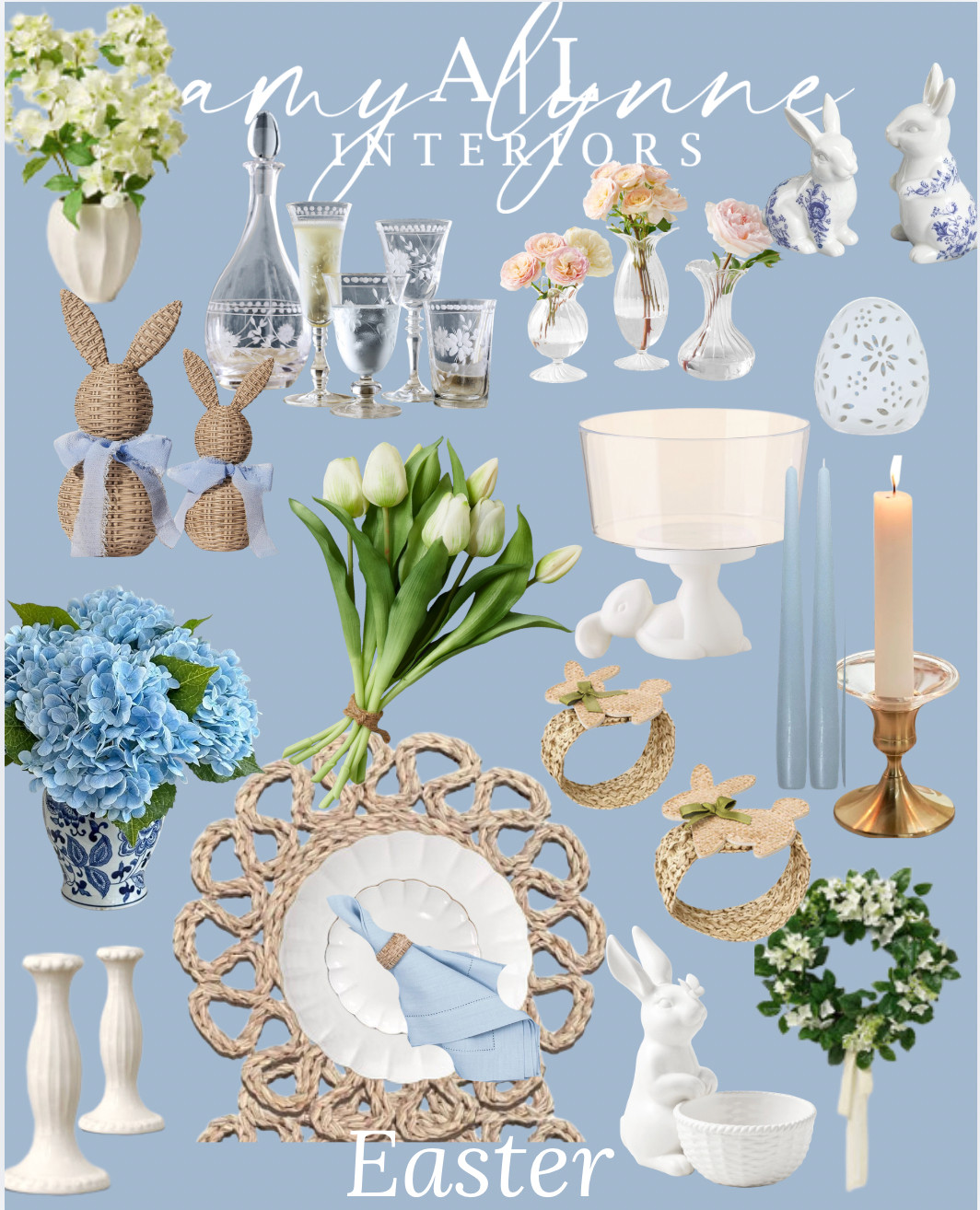 Easter hosting, but make it effortlessly elevated 🐇🌸  

Soft blues, woven textures, and delicate florals are setting the tone for a fresh, timeless spring table this year. Think layered neutrals, a hint of vintage glass, and the sweetest bunny details for that collected, curated look ✨  

From hydrangeas + tulips to scalloped plates and rattan accents, every piece here is designed to mix, match, and reuse all season long — not just for Easter 🕊️  

Tap to shop my Easter table favorites and recreate this look at home 🤍 

 #LTKSeasonal #LTKHome