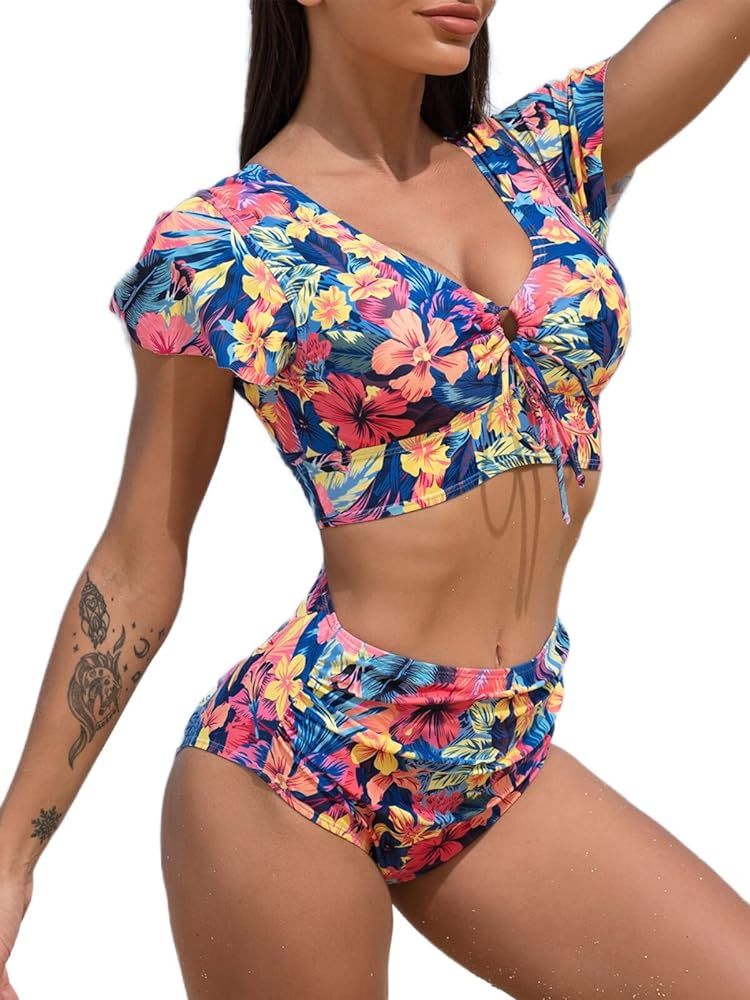 BIKINX High Waisted Bikini Sets for Women Two Piece Swimsuits Bathing Suits Ruffle Floral Top | Amazon (US)