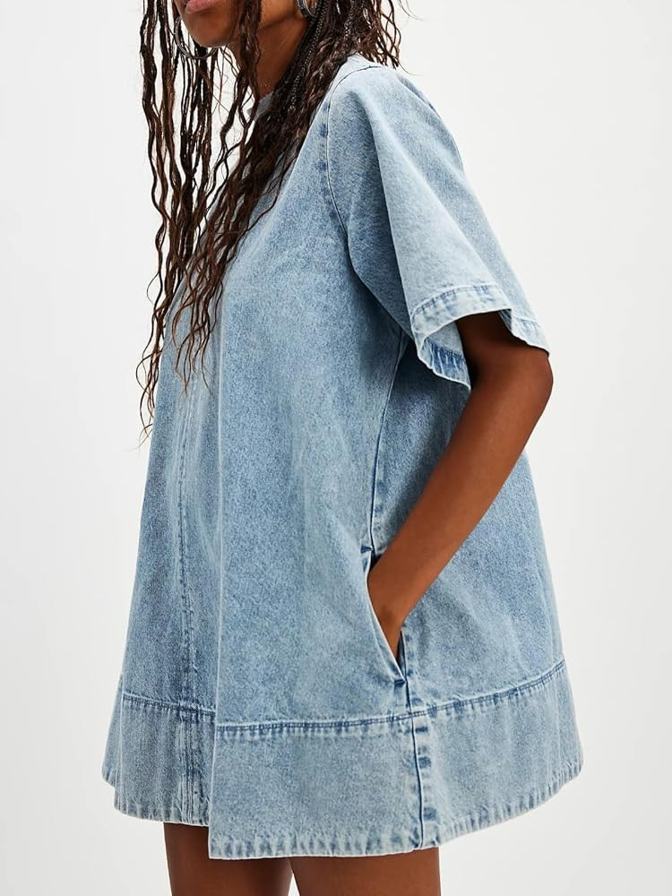 Womens Short Sleeve Mini Denim Dress Crew Neck Short Jeans Dress | Amazon (US)
