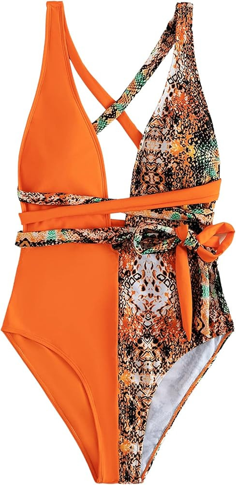 SweatyRocks Women's Sexy Bathing Suits Criss Cross Tie Knot Front Deep V Open Back Leopard One Pi... | Amazon (US)
