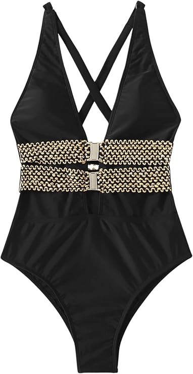 SweatyRocks Women's One Piece Swimsuit V Neck Criss Cross Belted Bathing Suit Monikini | Amazon (US)