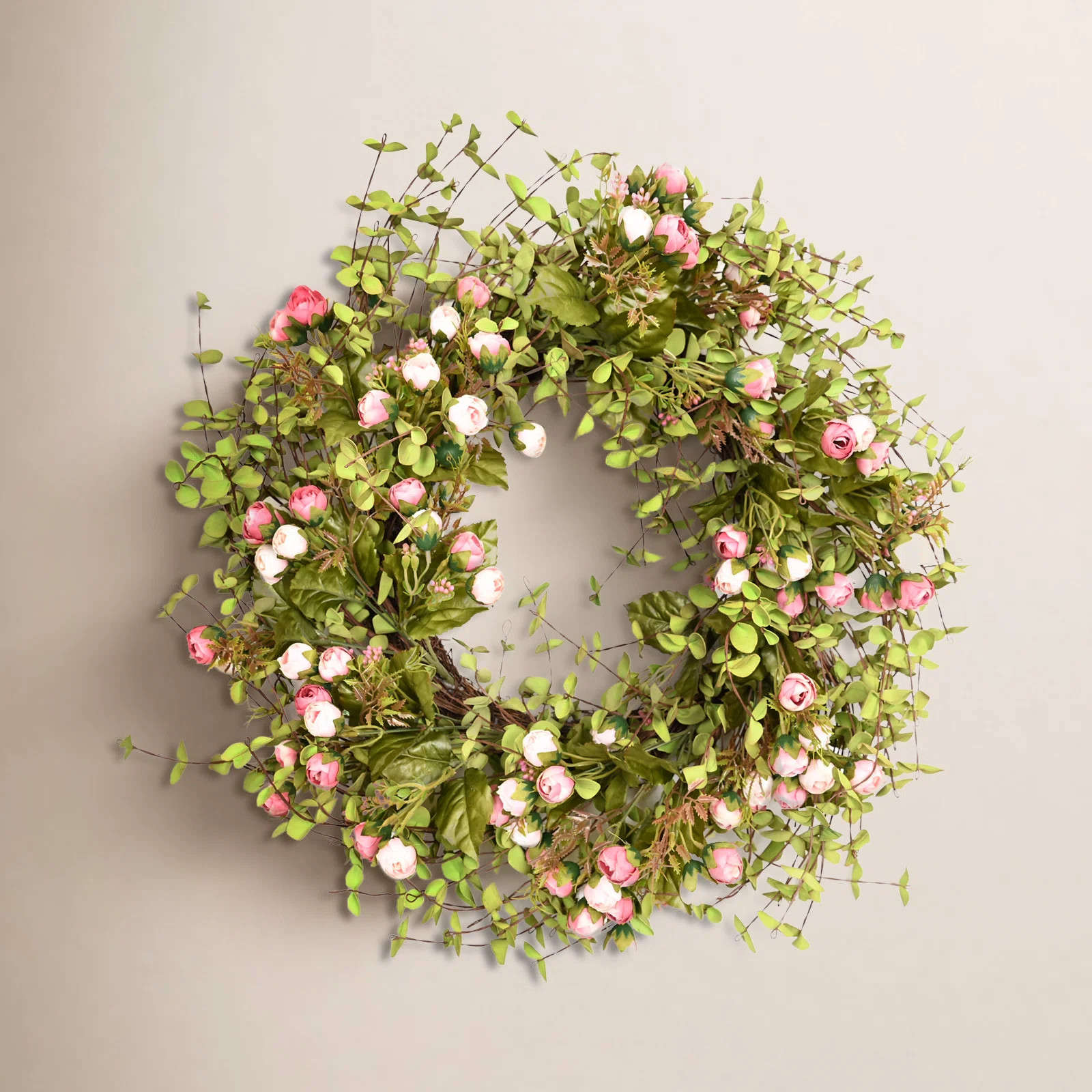 26" Artificial Farmhouse Twig Blossoms Cluster Greenery Mini Eucalyptus Rose Spring Summer Wreath... | Birch Lane