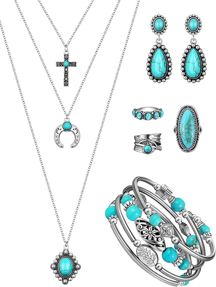 Ecally Bohemian Western Jewelry Turquoise Set Women Country Pendant Long Choker Layered Bracelets... | Amazon (US)