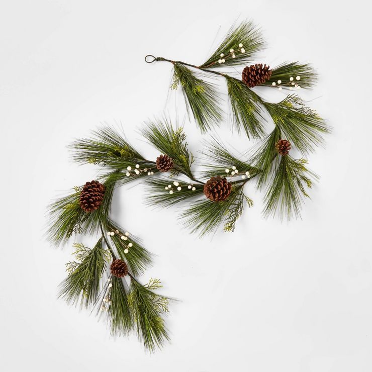 6&#39; Unlit Artificial Pine Christmas Garland with White Berries &#38; Pinecones Green - Wonders... | Target