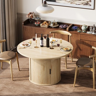 Garvee Extendable Round Dining Table, 47.5" to 63" Expandable Kitchen Table for 4-8, 2-Tier Storage Shelf, Modern Farmhouse Fluted Pedestal, Natural | Target