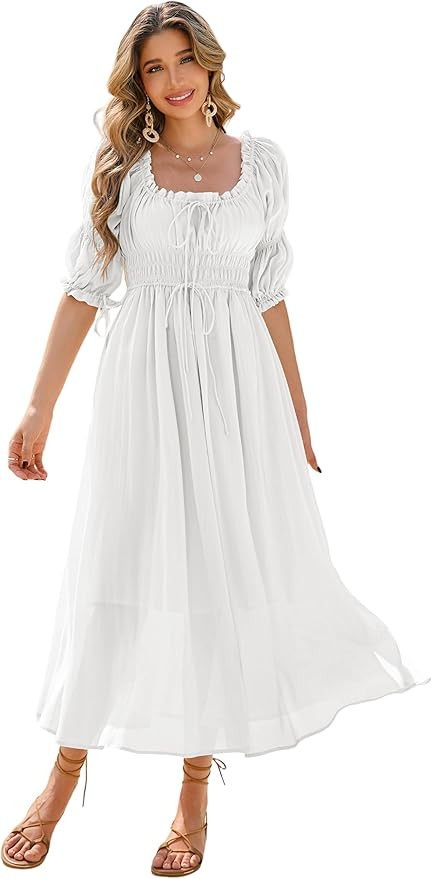 R.Vivimos Women's Summer Square Neck Midi Dress 2026 Casual Puff Half Sleeve Elastic Empire Waist... | Amazon (US)