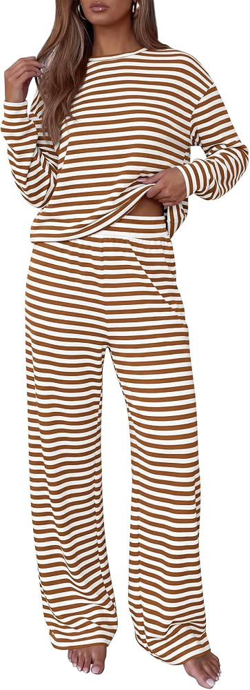 Womens Pajama Sets, Crew Neck Sweatshirt and Wide Leg Pants, Pockets, Airport, Travel, Vacation O... | Amazon (US)