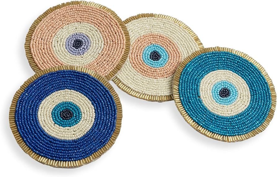 Folkulture Beaded Coasters for Drinks Set of 4 or Coffee Table, 4" Round Decorative Bar Coasters for Christmas Table Décorations, Cute Boho Coaster Set for Cocktail, Evil Eye Decor Gifts for Her | Amazon (US)