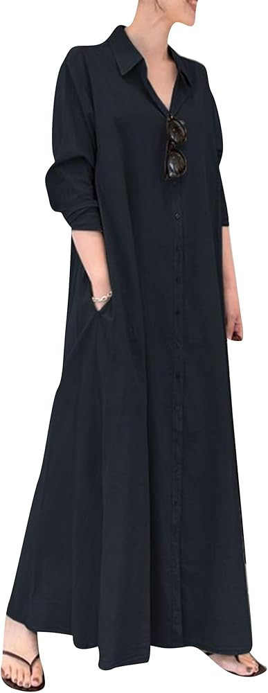 WIWIQS Women's Casual Button Down Cotton Linen Maxi Dress Long Sleeve Lapel Loose Plus Size Shirt... | Amazon (CA)