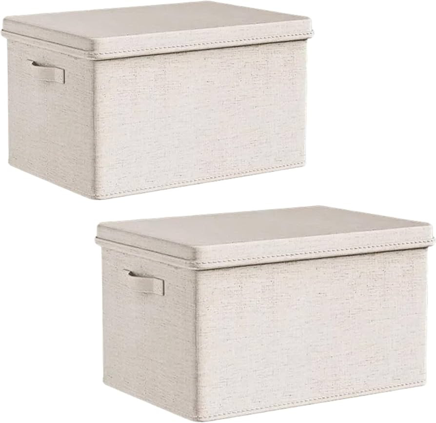 Large Foldable Fabric Storage Bins with Lids, 2 Pack Beige, 17.5"x12"x11.5", Cotton Linen Materia... | Amazon (US)