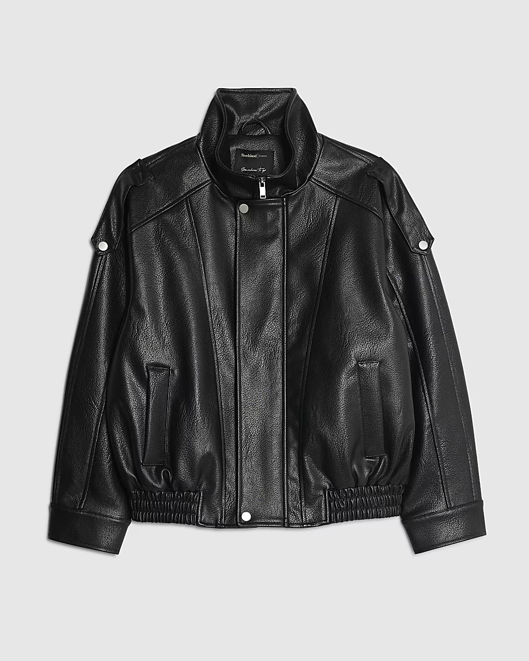 Black Faux Leather Funnel Neck Biker Jacket | River Island UK & IE