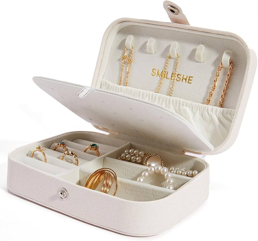 Smileshe Jewelry Box, PU Leather Small Portable Travel Case, 2 Layers Organizer Display Storage H... | Amazon (US)