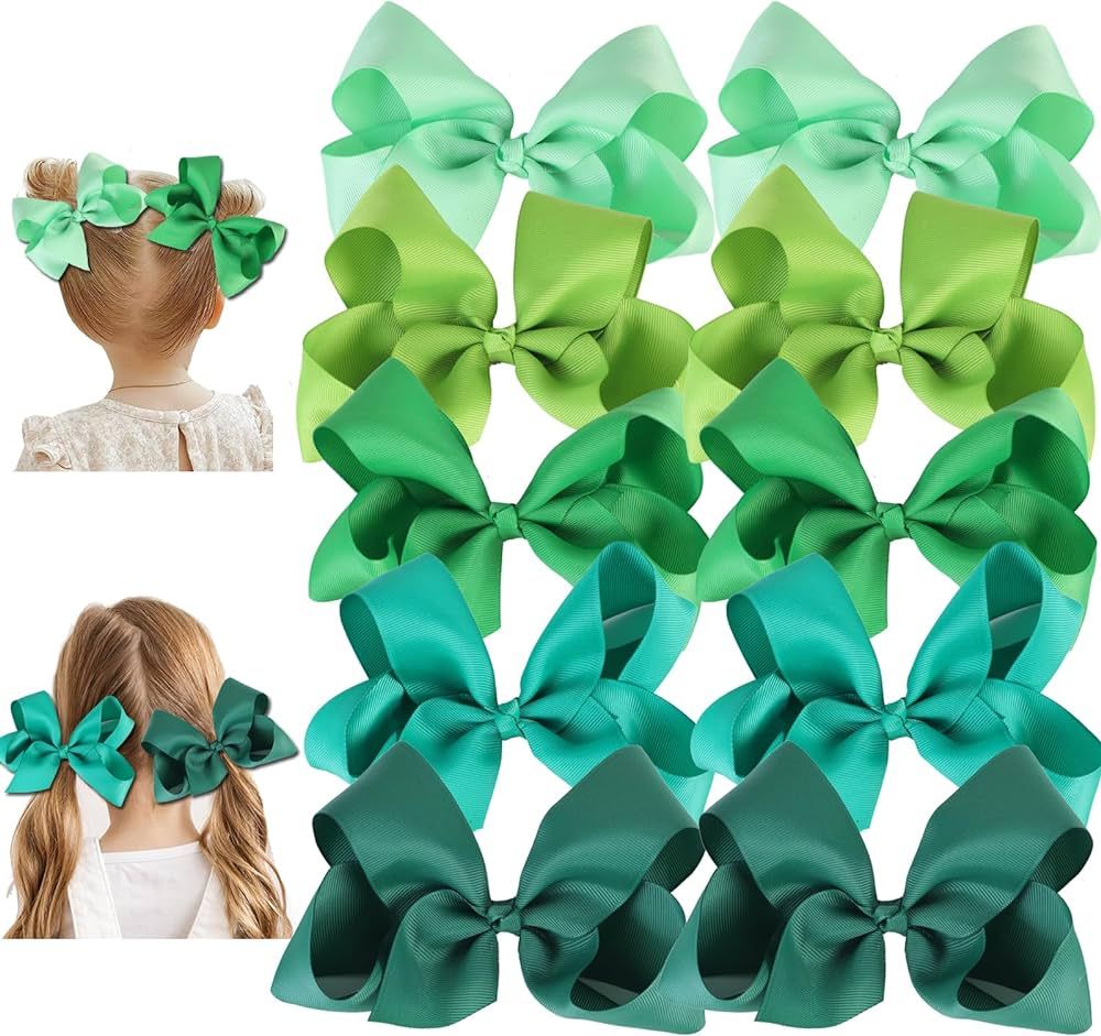 10 Pieces 6 Inch Green Grosgrain Hair Bow Alligator Clips Hair Accessories for Little Girls | Amazon (US)