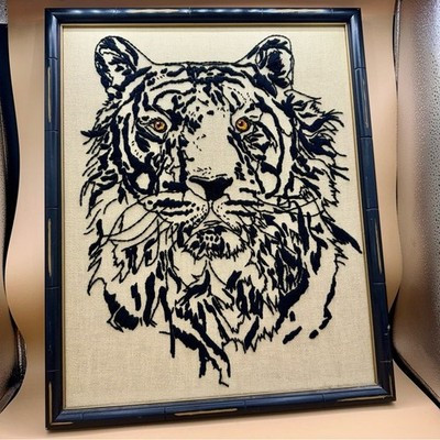 VTG Tiger Portrait Textile Art Embroidery Black Bamboo.Style Frame MCM Decor | eBay US