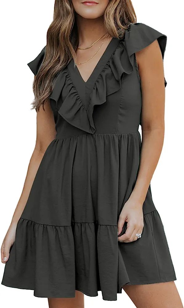 Asvivid Women's Dress V Neck Elastic Sleeveless Ruffle Smocked Tiered Crinkle A-Line Casual Short... | Amazon (US)
