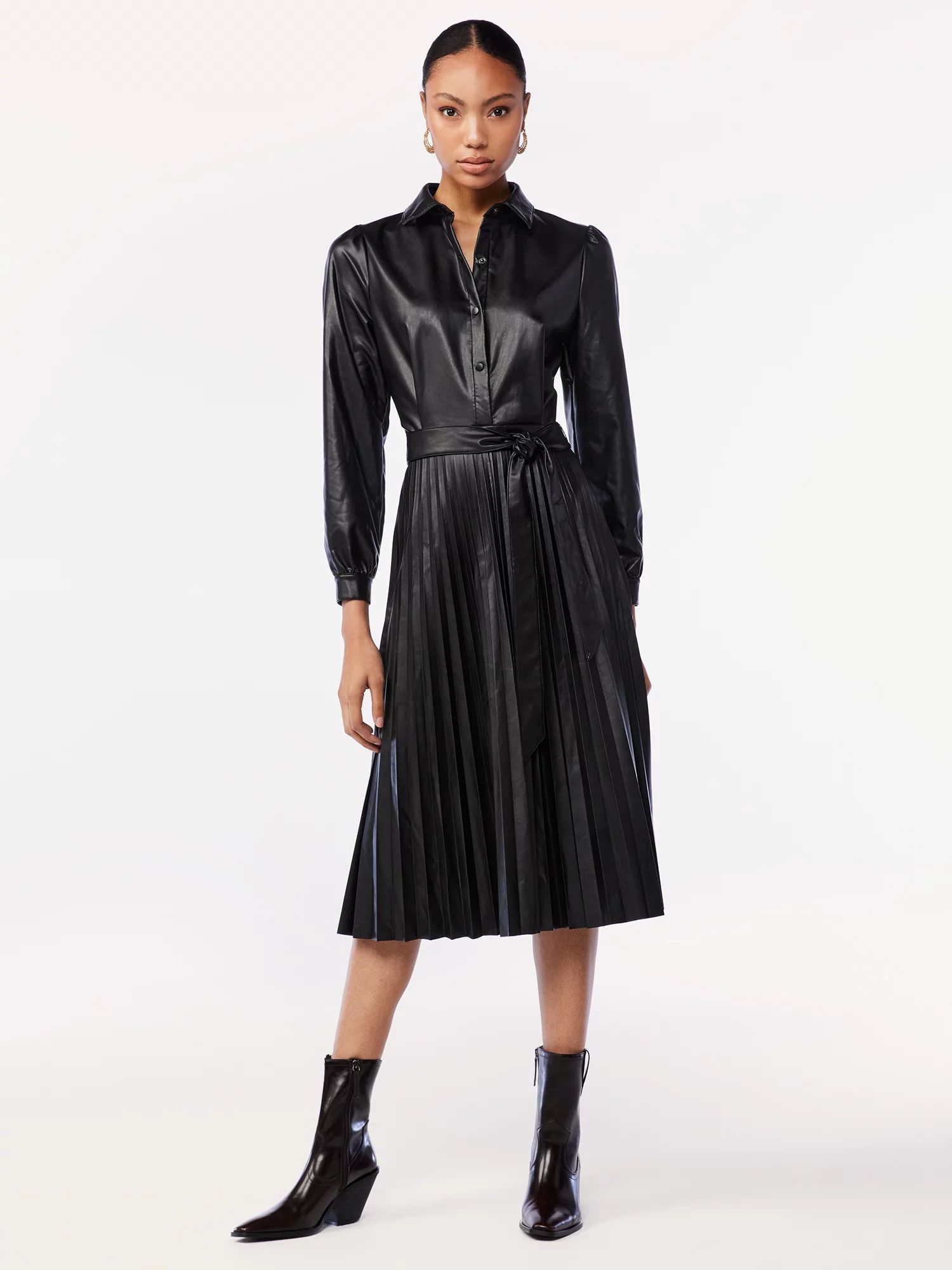 Scoop Women's Faux Leather Pleated Shirtdress - Walmart.com | Walmart (US)